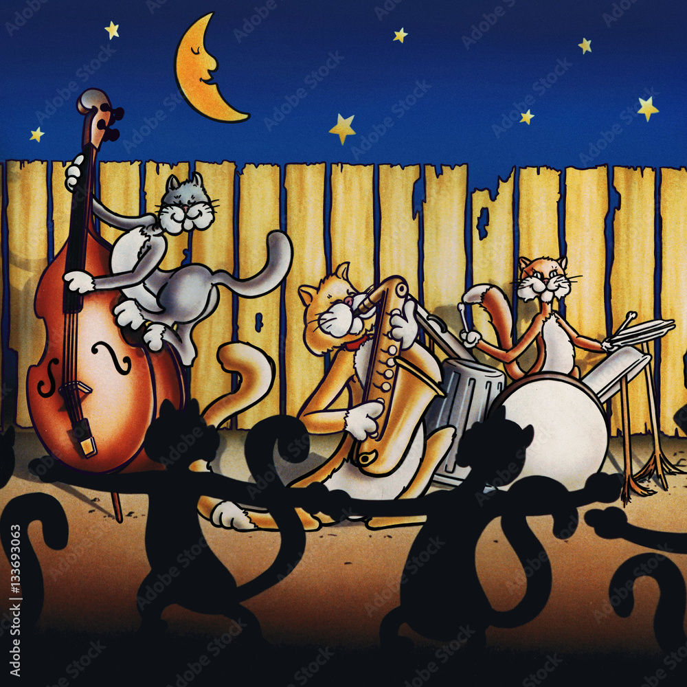 Wall mural cats in a back alley band playing instruments while other cats dance night time is behind them in th