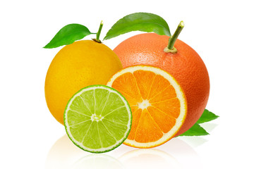 Cut slices of lime and lemon, orange, pink grapefruit isolated on white background