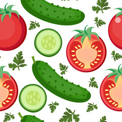 Salad seamless pattern. Tomato and cucumber endless background, texture. Vegetable backdrop. Vector illustration