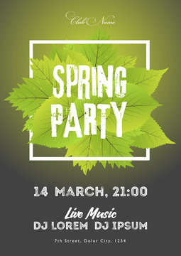 Spring night club party flyer invitation vector illustration. Poster template. Black and green background