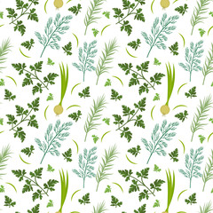 Fototapeta na wymiar Herbs seamless pattern. Parsley, dill, razmarin endless background, texture. Vegetable backdrop Vector illustration
