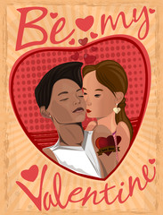 Retro greeting card for Valentine's Day. Vintage greeting card with the inscription - Be my Valentine. Girl and boy kissing. Vector illustration