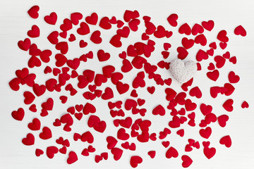 Valentines Day background with red hearts. Copy space, top view.
