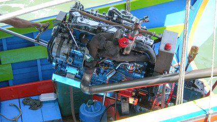 Long tail boat engine at the rear of the old boat.