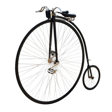 Bicycle with a large front wheel.