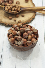 Hazelnut in the shell on a clay plate
