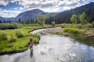 A man, Brendan Burnside, catches a fish fly fishing in Pleasant Valley Creek in Markleeville, California.
