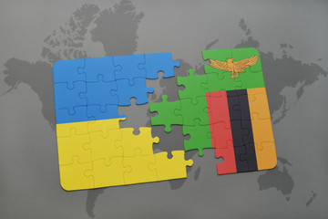 puzzle with the national flag of ukraine and zambia on a world map