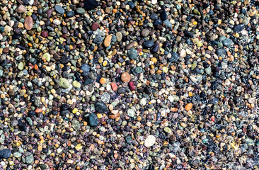 Small colorful wet stones and water on beach in seacoast
