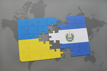 puzzle with the national flag of ukraine and el salvador on a world map