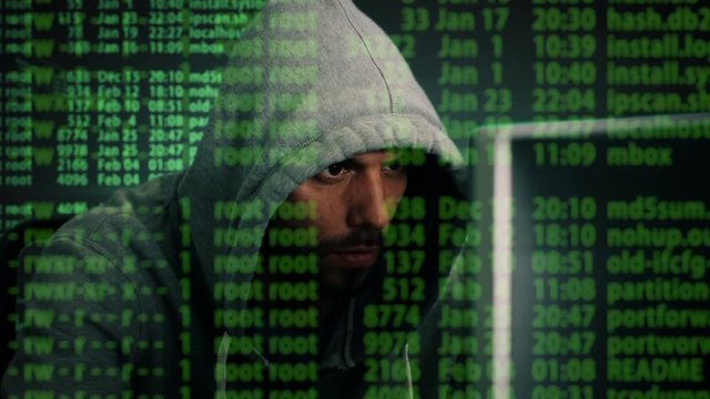 Close-up Mid Shot of a Hacker Wearing Hoodie Sitting at His Desktop Computer. Special Effects of Hacking Process Shown all over the Screen.  Shot on RED Cinema Camera 4K (UHD).