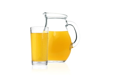 Delicious orange juice in glass and jug isolated on white background