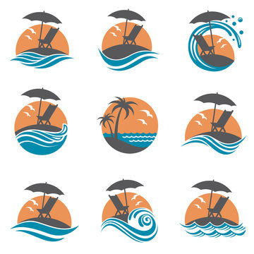 emblems collection of summer vacation with reclining chair and umbrella on island