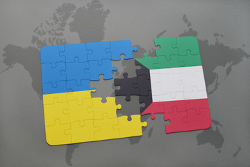 puzzle with the national flag of ukraine and kuwait on a world map