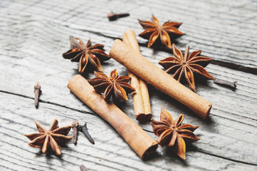 Mulled wine ingredients. Cinnamon, cloves and anise.