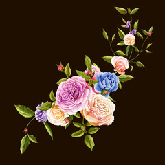 Flowers. Bouquet of roses and peony. Hand drawn flowers. Vector - stock.