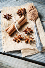 Cinnamon, anise and cocoa in vintage spoon on wooden background
