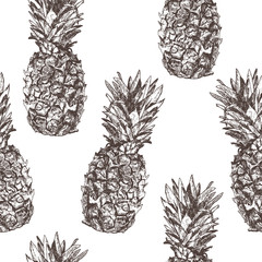 Seamless pattern with pineapple hand drawn in sketch style. Vect