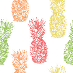 Seamless pattern with pineapple hand drawn in sketch style, isol - 133701495