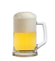 Glass of light beer on white background