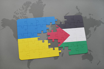 puzzle with the national flag of ukraine and palestine on a world map