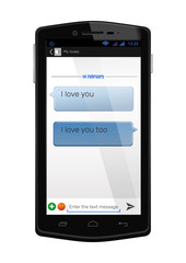 Correspondence lovers on Valentine's Day. Realistic mobile phone with a love message on the screen. SMS correspondence on the smartphone screen. Vector smartphone with the SMS messages - I love you