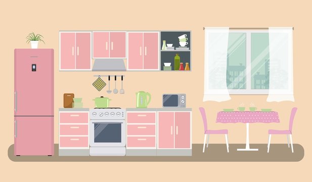 Kitchen in a pink color. There is a furniture, a stove, a refrigerator, a microwave, a kettle and other objects in the picture. There is also a table and chairs near the window. Vector illustration
