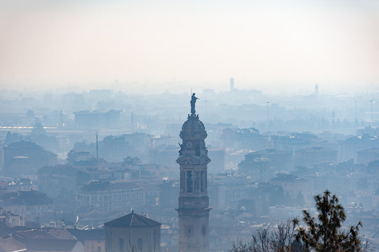 Foggy aerial view on Bergamo town, Lombardy, Italy 