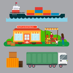 Street seller with stall fruits and ship cargo sea transportation vector illustration.