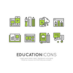 Vector Modern Icon Style Illustration Set of E-learning devices and services, internet connection webinar and tutorial for independent subject studying