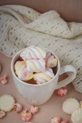 Hot chocolate drink with marshmallow, beze, popcorn