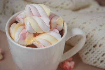 Hot chocolate drink with marshmallow, beze, popcorn