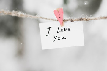 inscription I love you on card suspended on pin. the concept of Valentine's Day