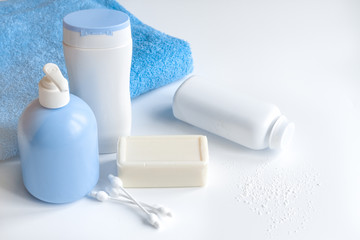 baby organic cosmetic for bath on white bakground