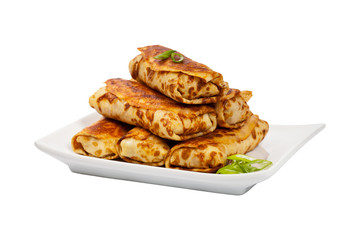 Russian Stuffed Pancakes Blintzes with Meat Isolated on White. Selective focus.