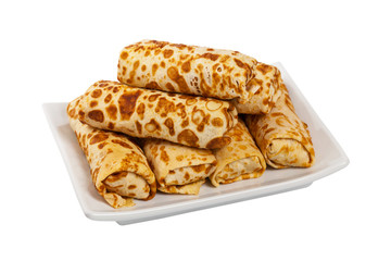 Russian Stuffed Pancakes Blintzes with Meat Isolated on White. Selective focus.