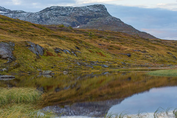 Mountain top reflections in water pool at Åre Skutan