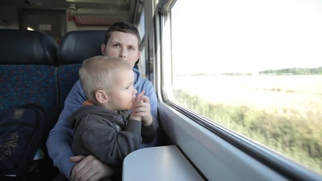 Young family travels by train.

Cute, little boy travels by train with her mother.
