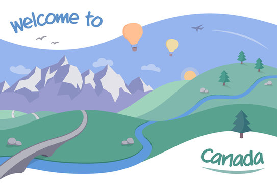 Illustration for Canadian Tourism - a landscape with hot air balloons flying over mountains, in the style of a retro postcard or poster.