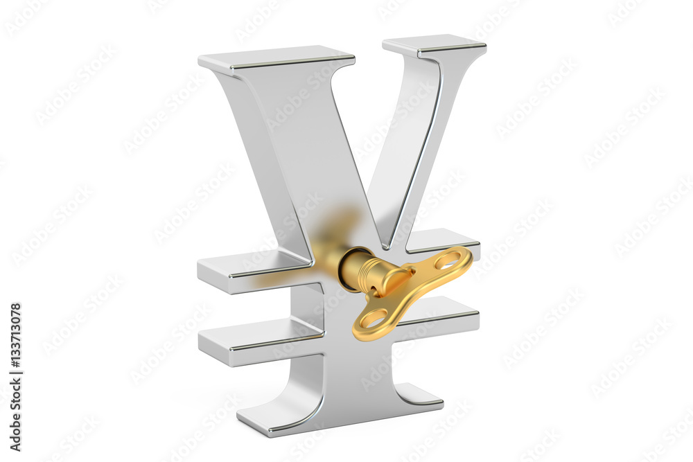 Poster yen symbol with wind-up key, 3d rendering