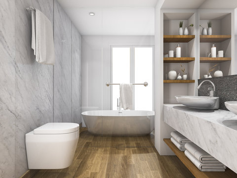 3d rendering wood and marble toilet and bathroom with built in
