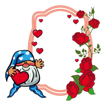 Oval label with roses and cute gnome holding heart. Vecto