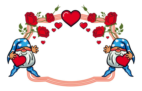 Oval label with roses and cute gnome holding heart. Vector clip art