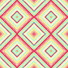 Striped diagonal rectangle seamless pattern. Square rhombus lines with torn paper effect. Ethnic background. Rosy, orange, green, colors. Vector