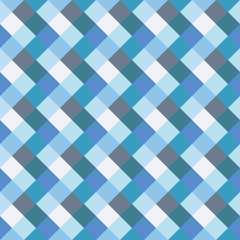 Seamless geometric checked pattern. Diagonal square, woven line background. Rhombus, patchwork texture. Blue, gray, aqua, white pastel colored. Vector