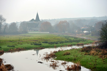 Alfriston church and Cuckmere river on a misty morning - 133717298