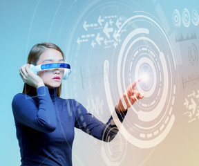 woman wearing smart glasses and futuristic graphical user interface