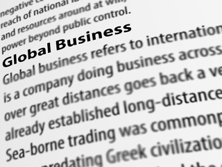 3d, definition of the word Global Business on white paper.