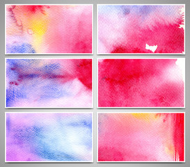 Set of business cards and design templates painted with watercolor splashes, hand drawn illustration