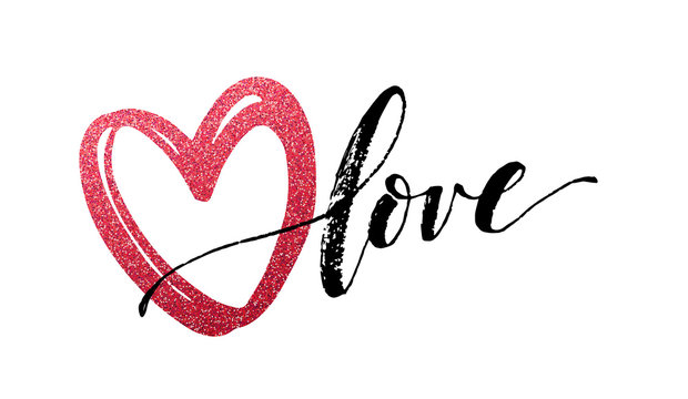 Happy Valentines Day hand lettering, with golden glitter . Vector illustration